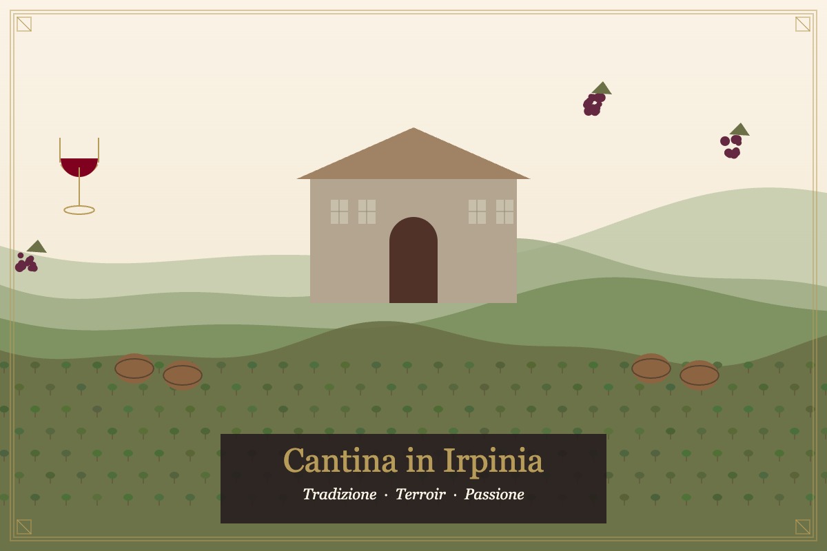 Illustrazione cantina in Irpinia con vigneti e botti