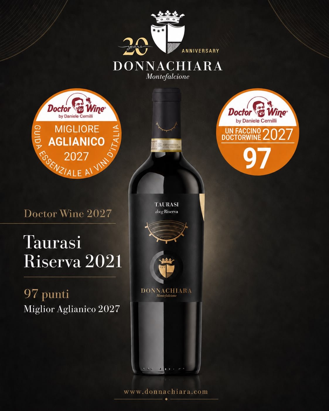 Taurasi DOCG Riserva 2021 Donnachiara premiato con 97 punti e Migliore Aglianico nella Guida Essenziale ai Vini d’Italia DoctorWine 2027